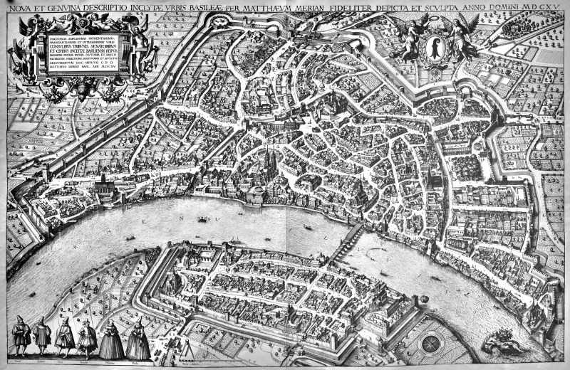 Carte en noir et blanc de la ville de Bâle de 1615.